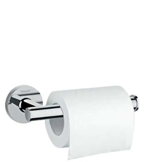 Toilettenpapierhalter in verchromter Ausführung, an Wand montiert. entworfen von Hansgrohe, mit einer Rolle Toilettenpapier.